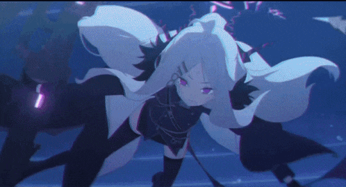 a girl with white hair and purple eyes is wearing a black and white outfit