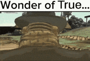 a man in a hat is standing in a field with the words `` wonder of true '' written above him .