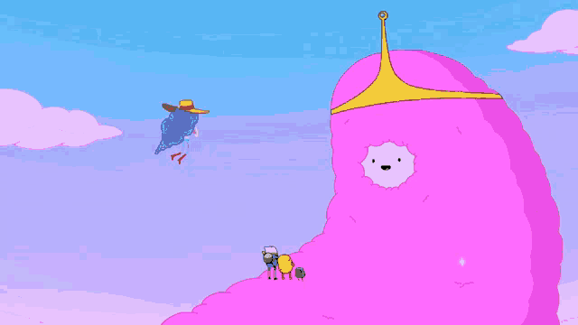 a cartoon character with a crown on his head is standing next to a giant purple monster