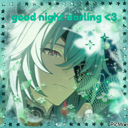 a picture of a person with green hair and the words good night darling < 3