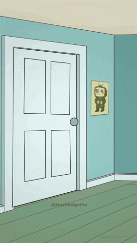 a cartoon drawing of a room with a door and a picture of a monkey on the wall