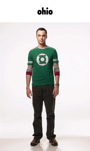 a man wearing a green shirt with the word ohio on the top