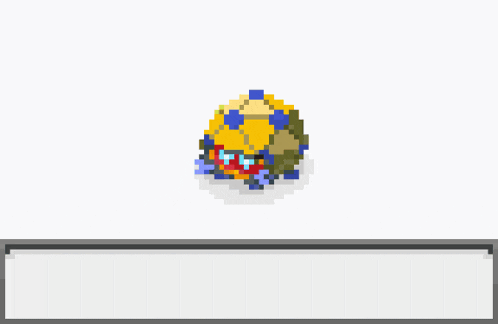 a pixel art drawing of a yellow and blue object with the word what below it