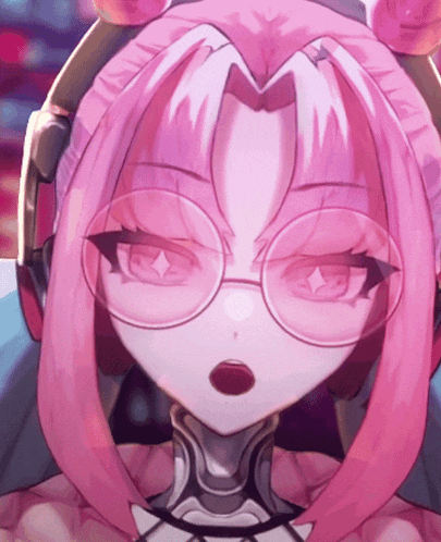 a close up of a girl with pink hair wearing glasses