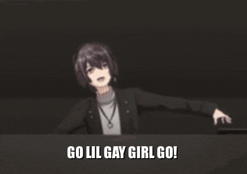 a girl is standing at a table with the words `` go lil gay girl go '' written on the bottom .