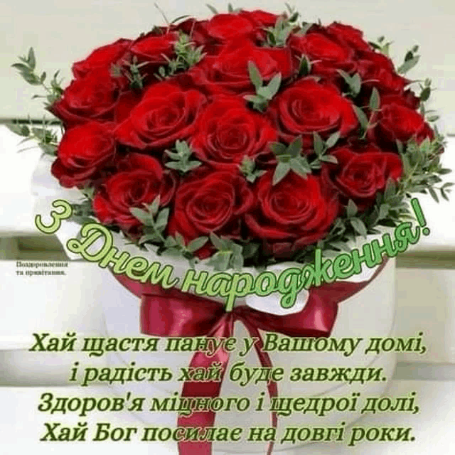a bouquet of red roses with green leaves and a red bow on a birthday card .
