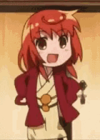 a cartoon girl with red hair is holding a sword .