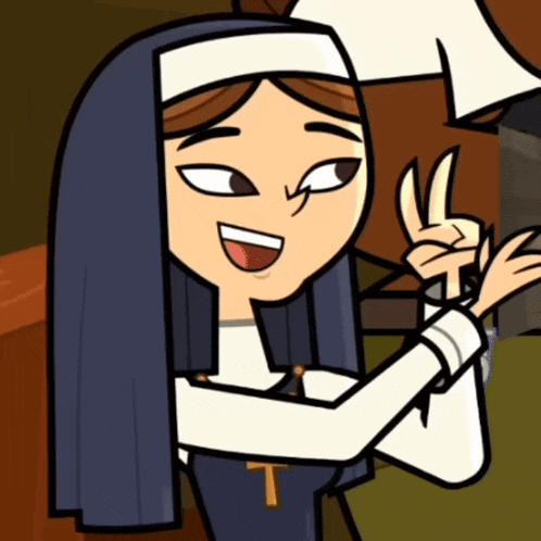 a cartoon nun giving a peace sign with her hand