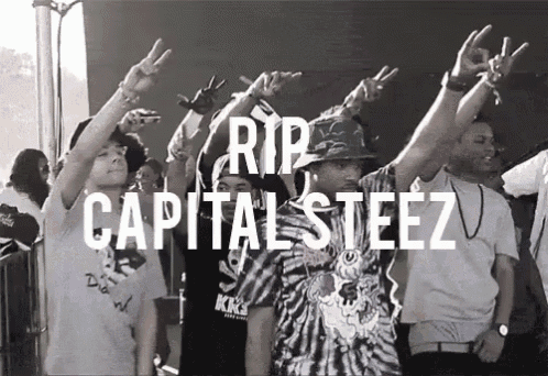 a group of people are dancing with the words rip capital steez