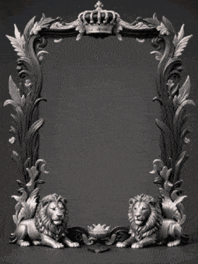a lion with a crown on its head sits in front of a gold letter