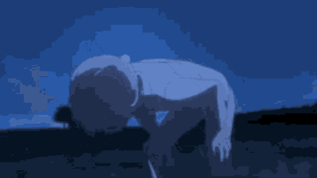 a cartoon character is laying on the ground in a field at night .