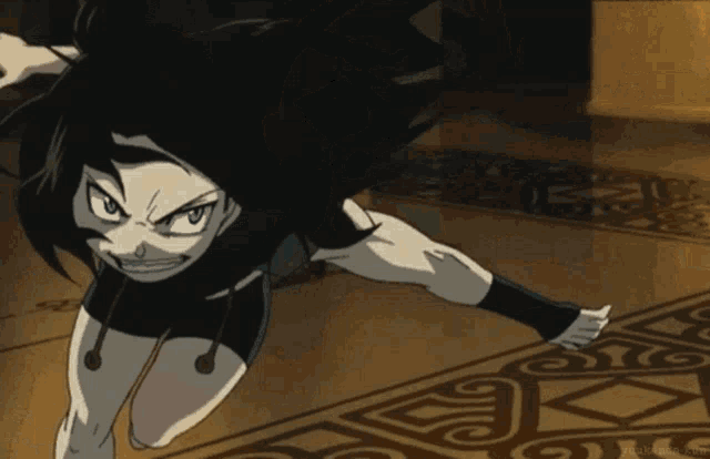 a cartoon character with a very angry face is crawling on the floor