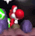 a blurred image of a cartoon character standing next to a purple and green ball .
