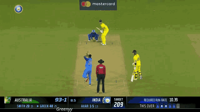 a cricket game is being played between australia and india and the score is 93-1