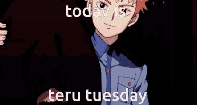 a picture of a boy with the words today is teru tuesday on it