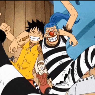 a group of anime characters are posing for a picture including luffy and buggy