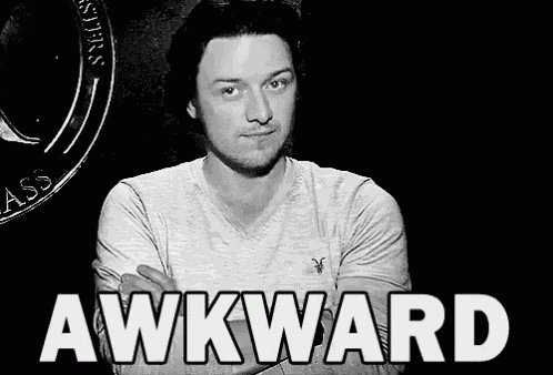 a black and white photo of a man with the word awkward written in white