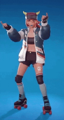 a girl wearing roller skates and a jacket with the word ro on it .