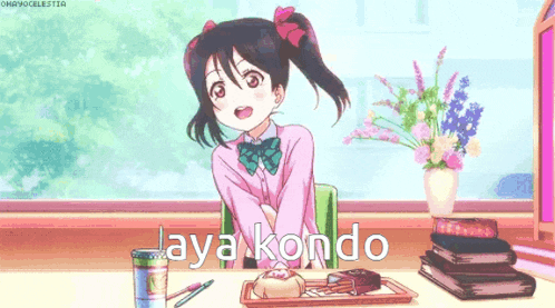 a girl is sitting at a table with a tray of food and the words jaya kondo written on the bottom