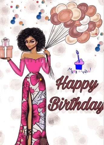 a woman in a pink dress is holding balloons and a gift box ..