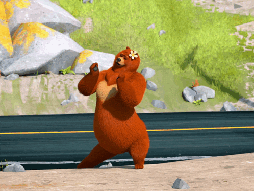 a cartoon bear with a flower on its head is dancing on the side of the road