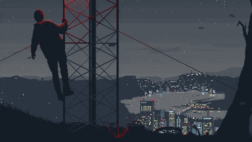 a pixel art drawing of a man hanging from a tower