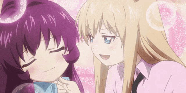 a girl with purple hair and a blonde girl with blonde hair are standing next to each other