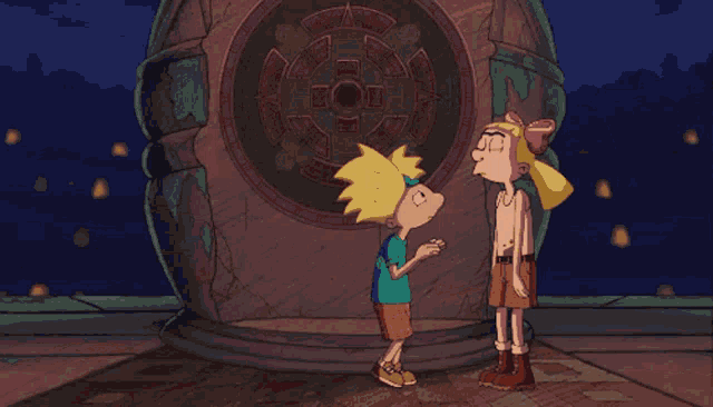a couple of cartoon characters looking at each other with their eyes closed