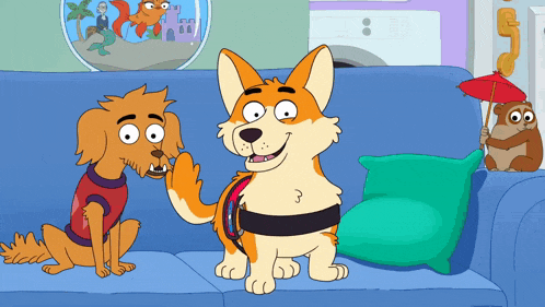 two cartoon dogs are on a blue couch