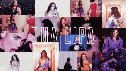 a collage of images of dua lipa with purple letters
