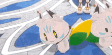 a cartoon cat with a microphone on its head is crawling on a blue carpet .
