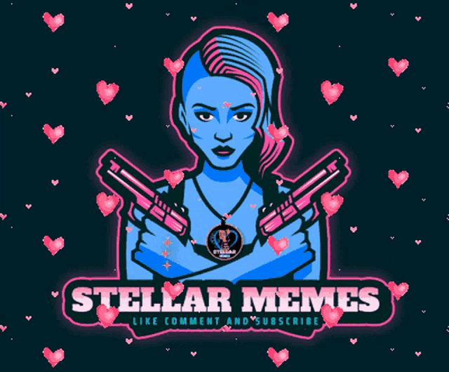 a logo for stellar memes shows a blue woman holding two pink guns