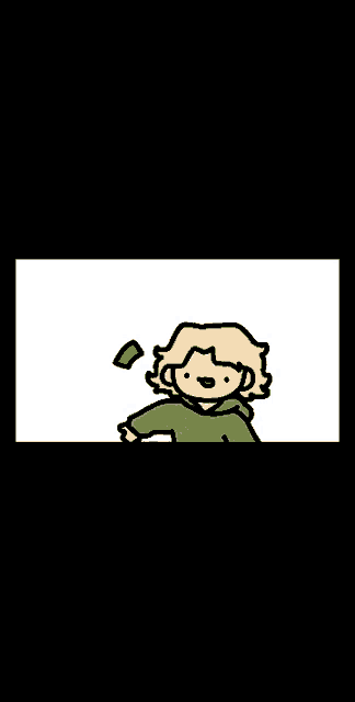 a cartoon drawing of a boy in a green hoodie holding a green object in his hand .
