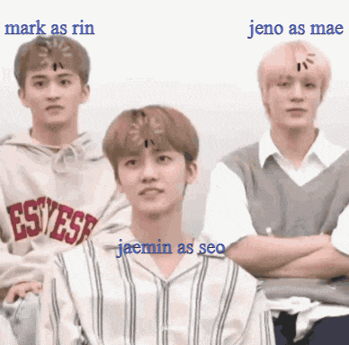 a group of young men standing next to each other with the names mark as rin and jeno as mae on the bottom