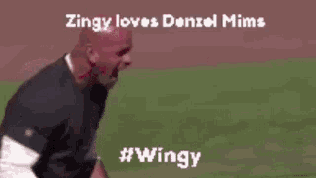 a baby is standing next to a football player on a field and says `` zingy loves denzel mims '' .