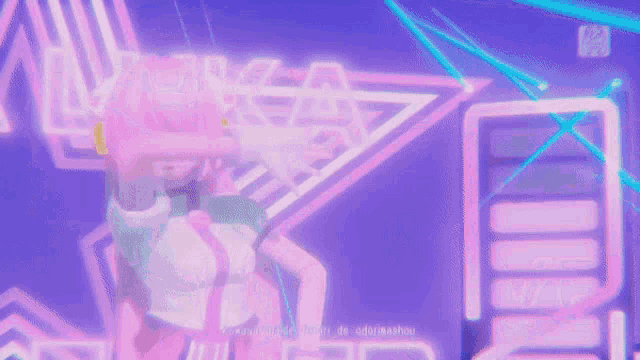 a girl in a white shirt is dancing in front of a purple background that says ' a '