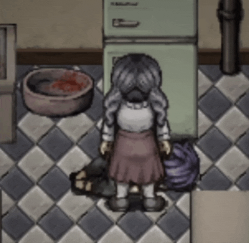 a girl in a pink skirt is standing next to a refrigerator in a video game .