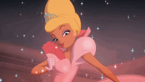 a princess in a pink dress is holding a pink fan