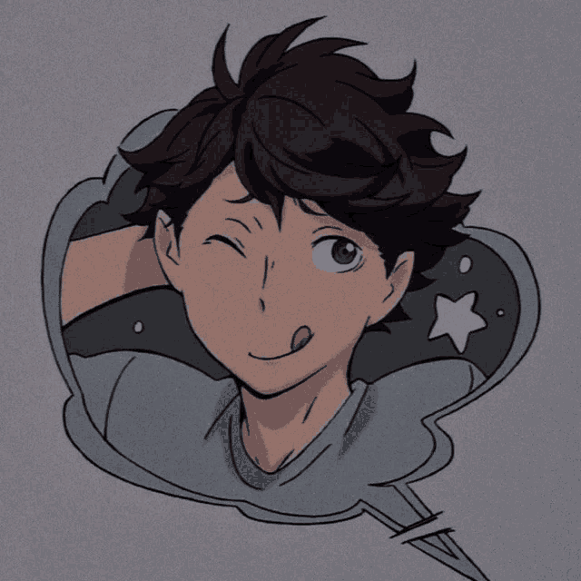 a drawing of a boy sticking his tongue out with a star in the background
