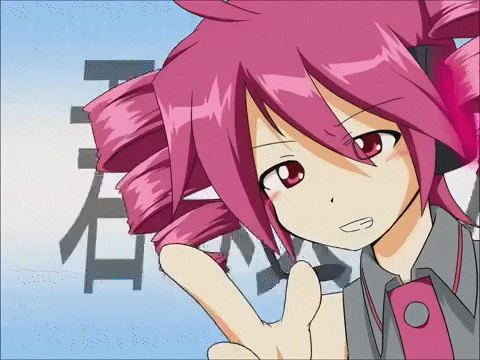 a girl with pink hair giving the peace sign