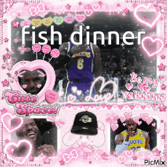 a picture of a basketball player with the words " fish dinner " on it