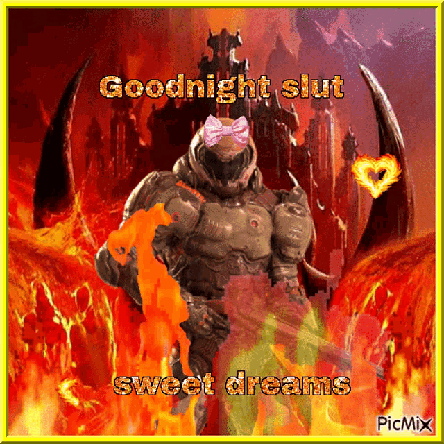 a picture of a video game character with the words goodnight slut sweet dreams written on it