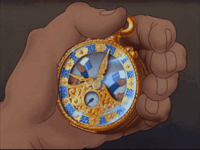 a cartoon drawing of a hand holding a clock with a clock face that says ' a ' on it