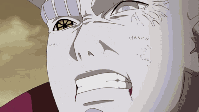 a close up of a man 's face with a yellow eye and a bloody mouth