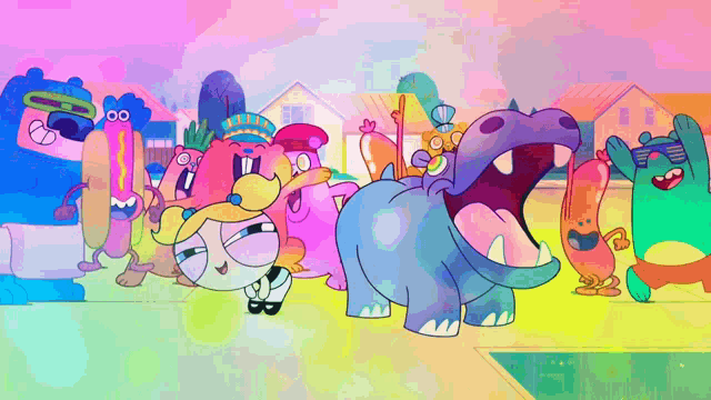 a group of colorful cartoon characters including a hippo