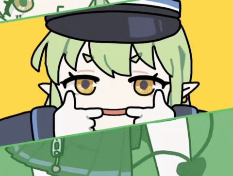 a cartoon of a girl with green hair and yellow eyes making a face