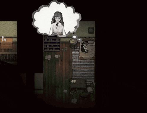 a black and white drawing of a girl with a speech bubble above her head