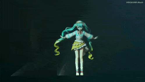 a girl in a white dress is dancing in front of a blue light that says vocaloid music on it
