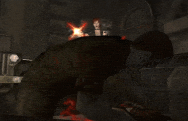a video game character is holding a gun with a red light coming out of the barrel