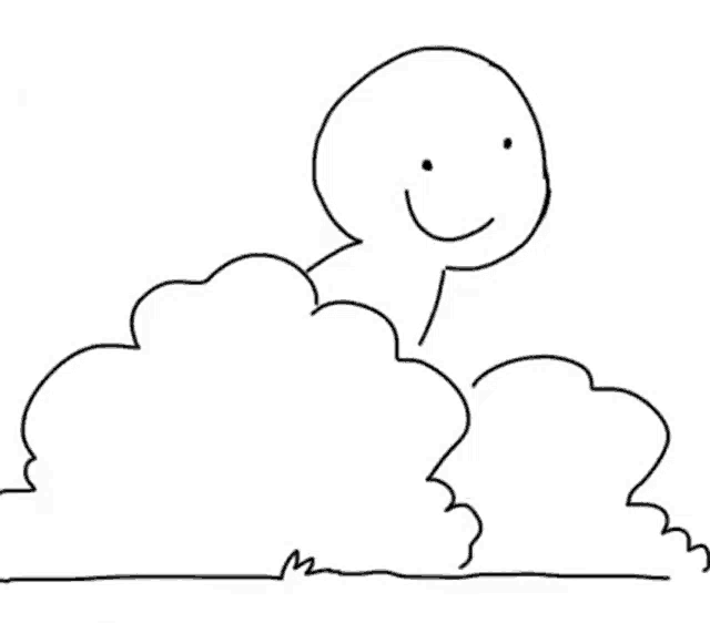 a black and white drawing of a stick figure with a smiley face sitting on top of a cloud .